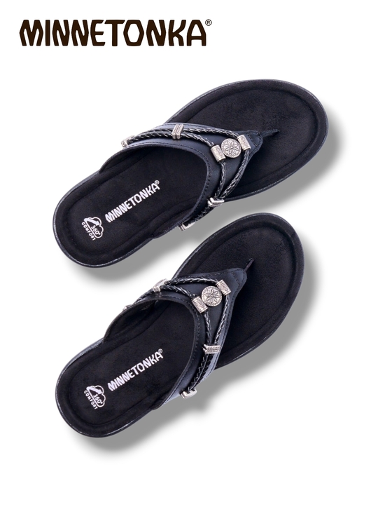 Minnetonka Shoes - Minnetonka Women’s Silverthorne 360 Black Braided Thong Western Sandals Size 10